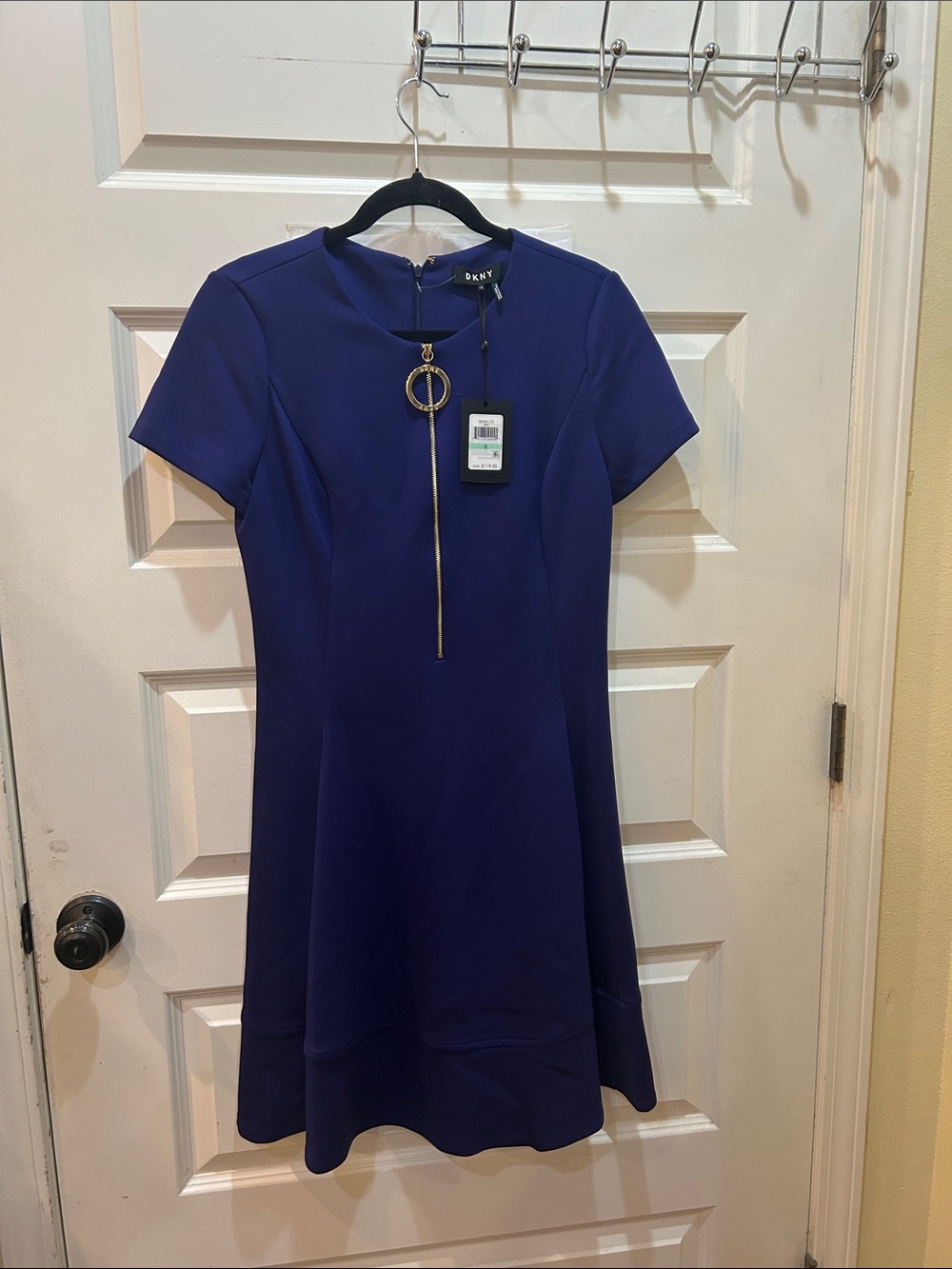DKNY Purple Short Sleeve Shift Dress with Gold Ring Zip